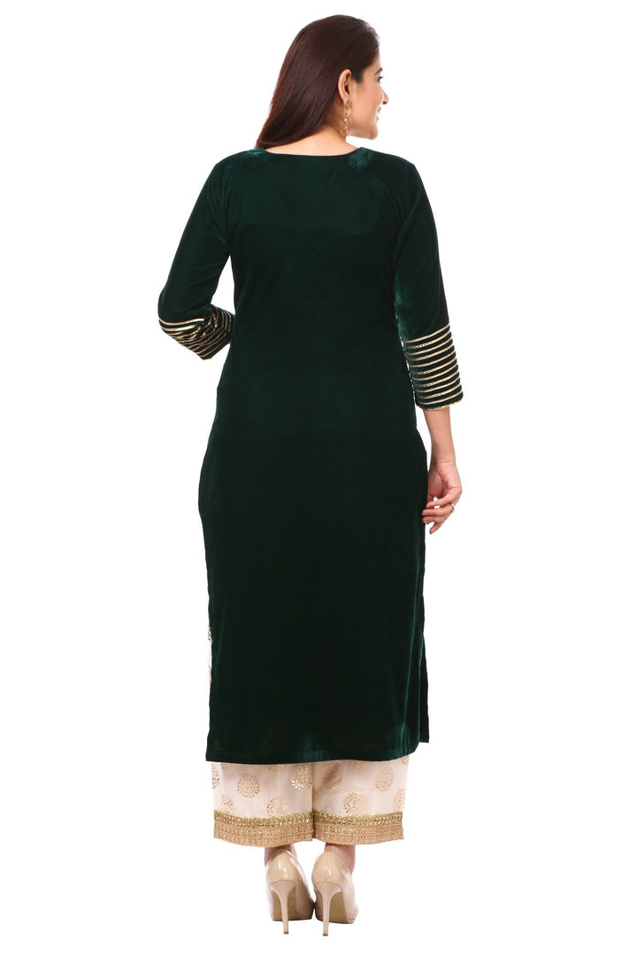anokherang Combos Forest Green Velvet Kurti with Straight Palazzo and Gold Net Mirror Stone Dupatta
