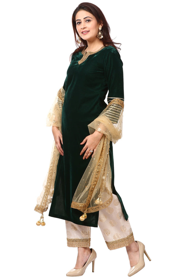 anokherang Combos Forest Green Velvet Kurti with Straight Palazzo and Gold Net Mirror Stone Dupatta
