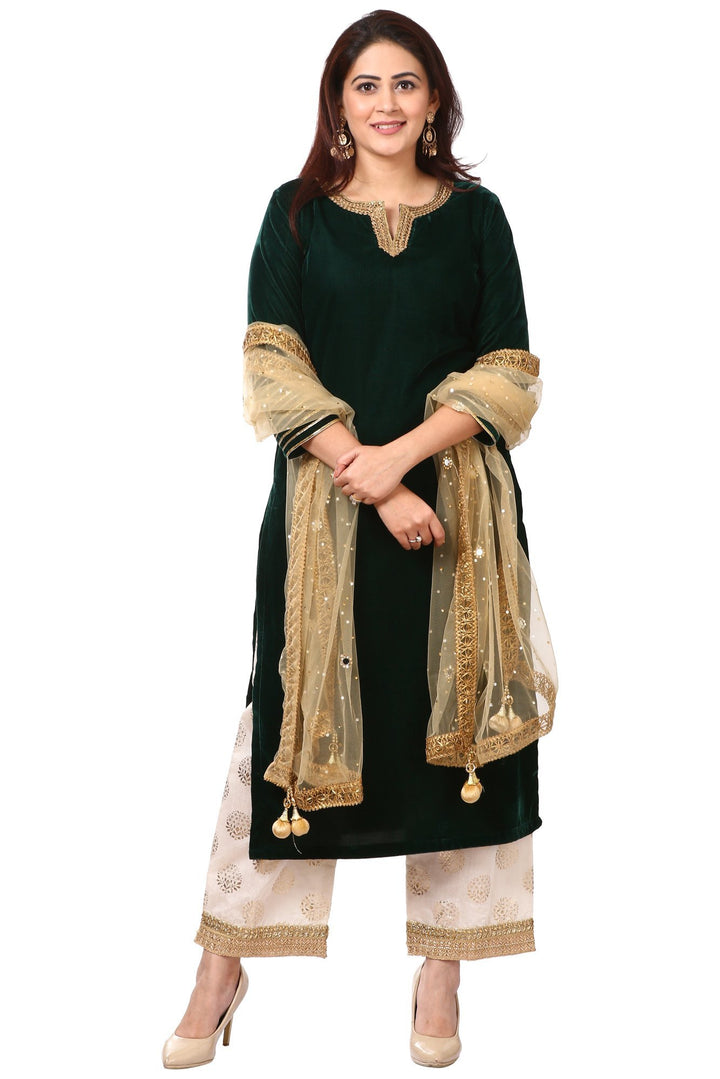 anokherang Combos Forest Green Velvet Kurti with Straight Palazzo and Gold Net Mirror Stone Dupatta