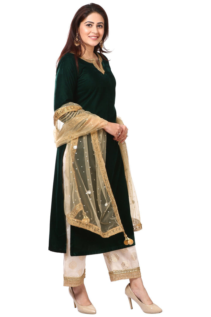 anokherang Combos Forest Green Velvet Kurti with Straight Palazzo and Gold Net Mirror Stone Dupatta