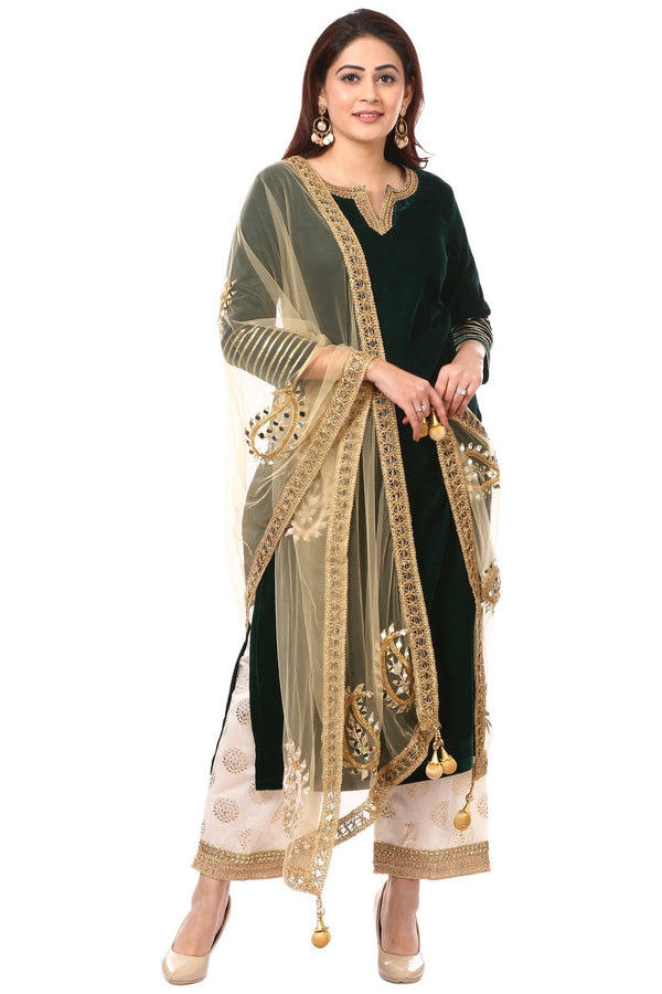 anokherang Combos Forest Green Velvet Kurti with Straight Palazzo and Gold Paisley Dupatta