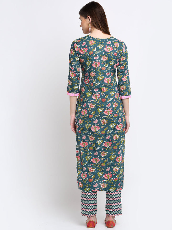 anokherang Combos Forrest Teal Pink Cotton Floral Printed with Straight Pants