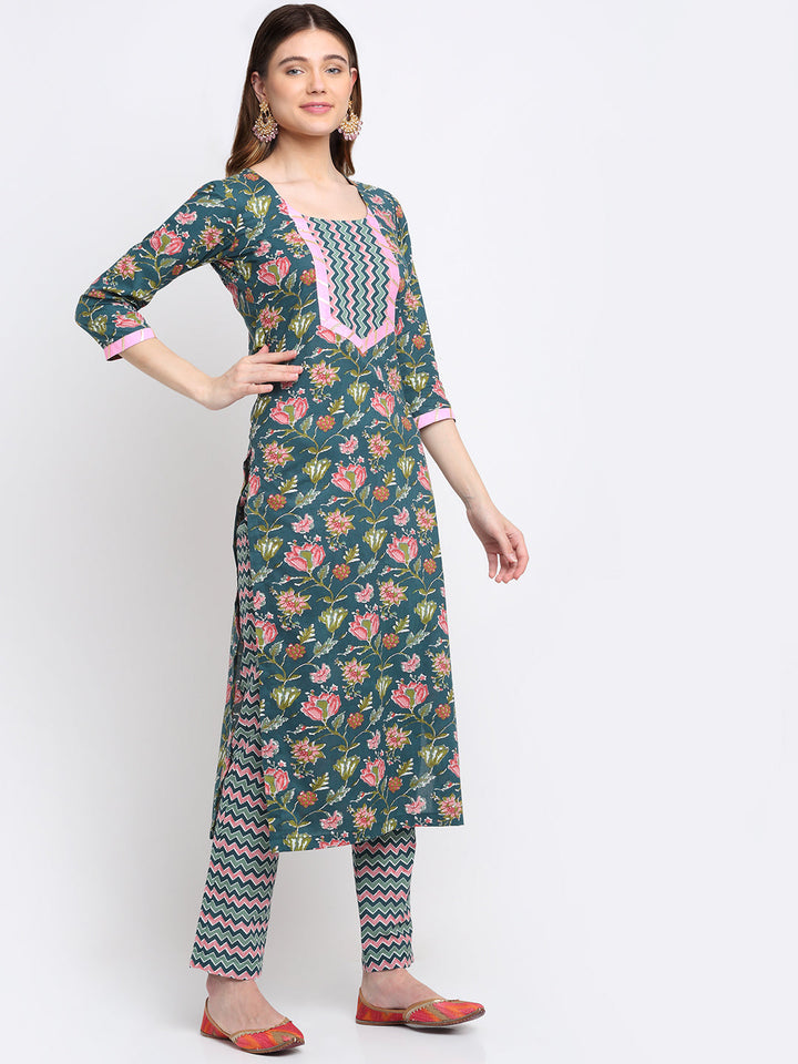 anokherang Combos Forrest Teal Pink Cotton Floral Printed with Straight Pants