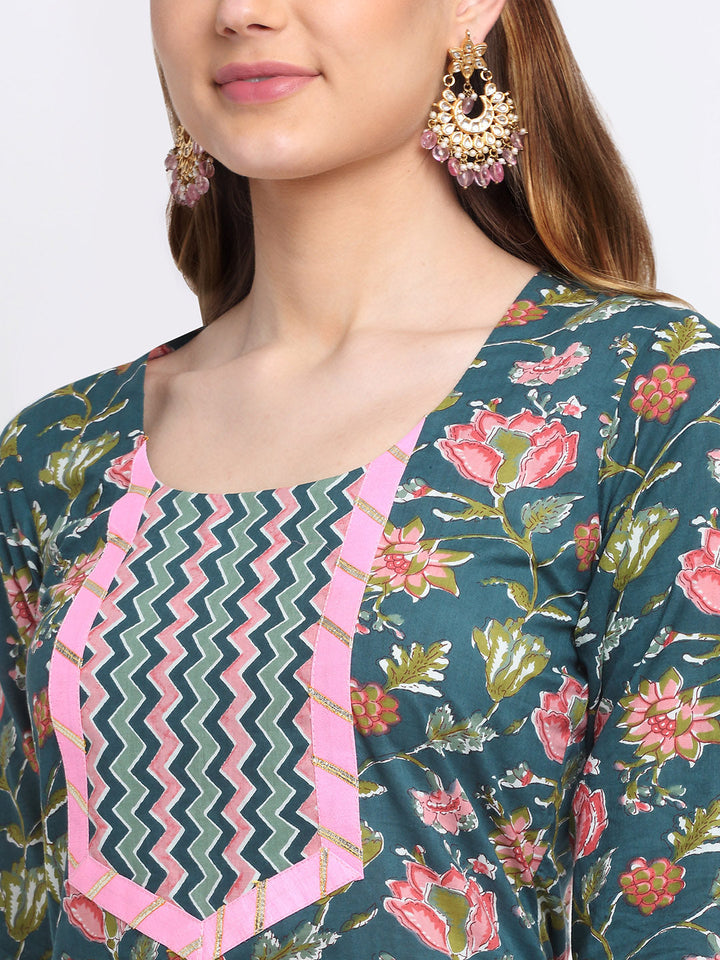 anokherang Combos Forrest Teal Pink Cotton Floral Printed with Straight Pants