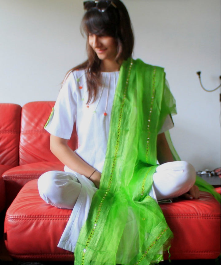 anokherang Combos Freedom Colors Kurti with Straight Pants and Green Organza Dupatta
