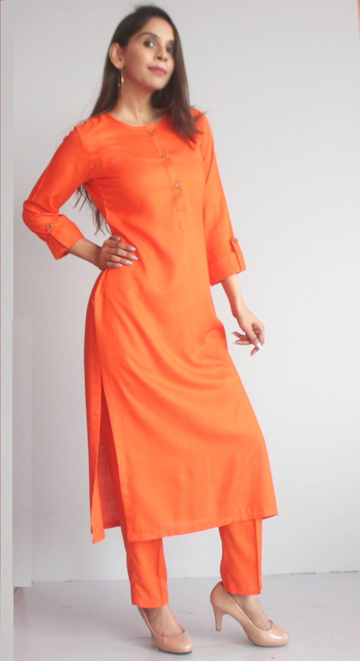 anokherang Combos Freedom Orange Straight Kurti with Straight Pants