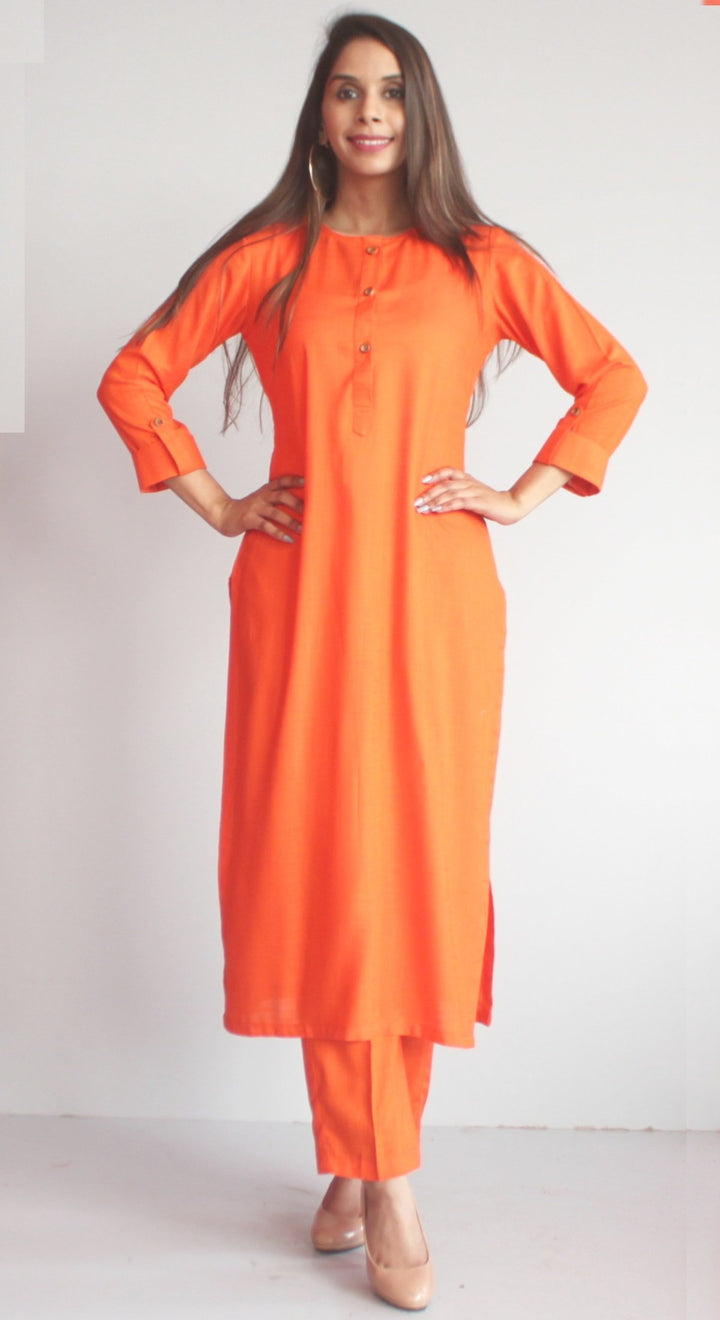 anokherang Combos Freedom Orange Straight Kurti with Straight Pants