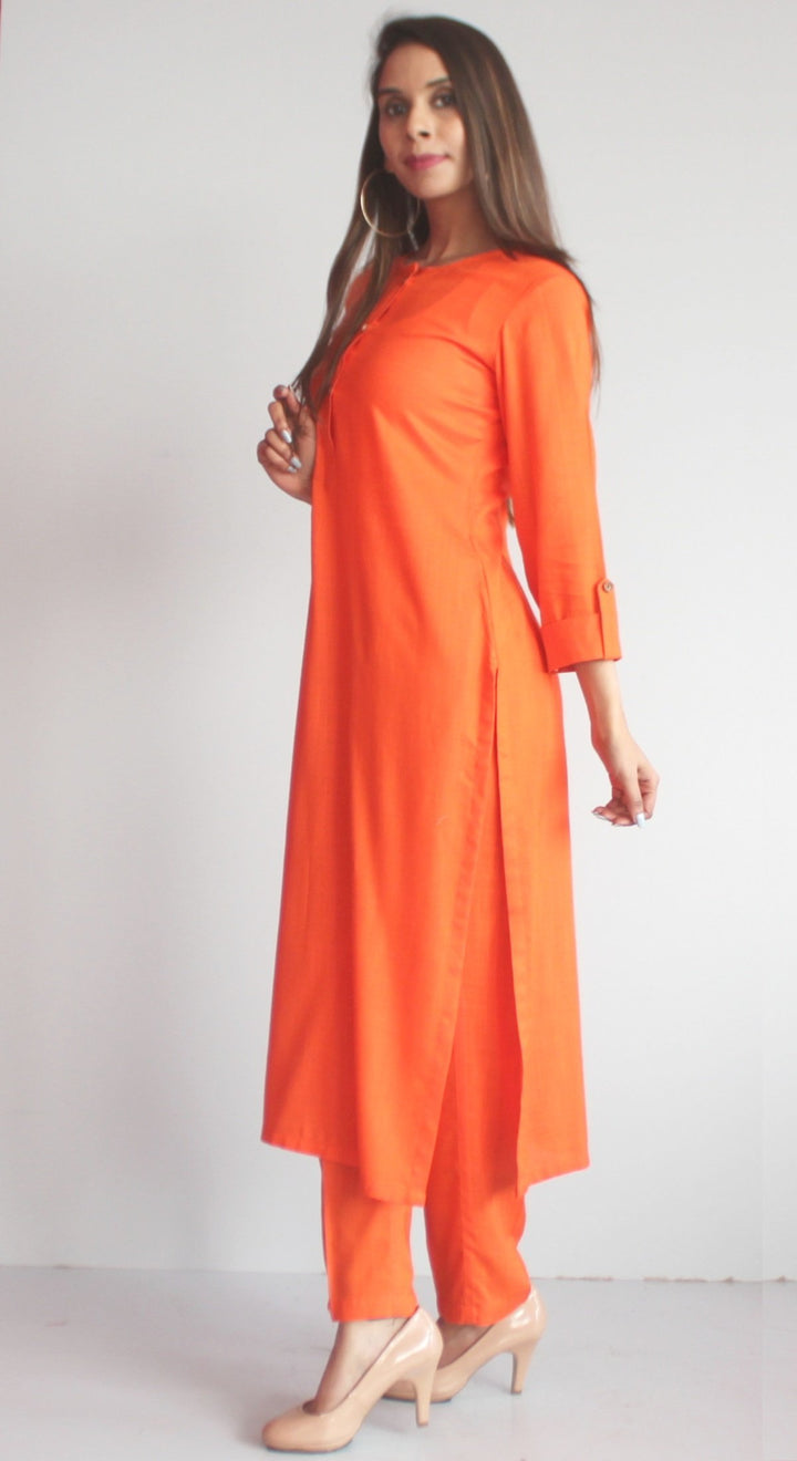 anokherang Combos Freedom Orange Straight Kurti with Straight Pants