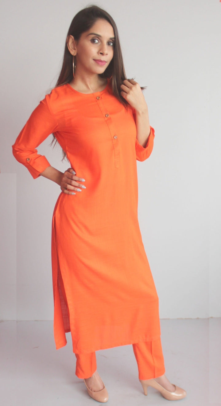 anokherang Combos Freedom Orange Straight Kurti with Straight Pants