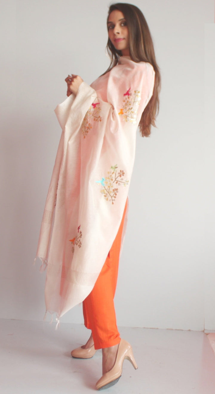 anokherang Combos Freedom Orange Straight Kurti with Straight Pants and Off-white Birds Dupatta