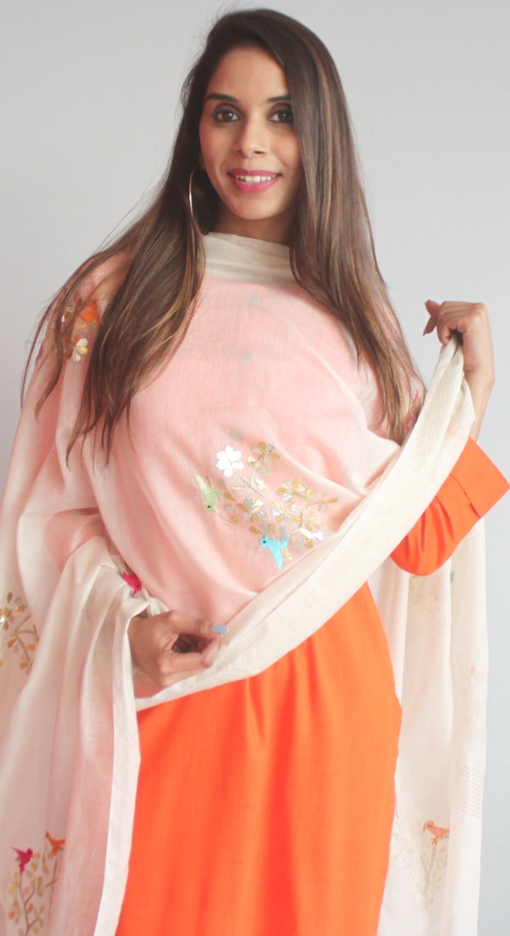anokherang Combos Freedom Orange Straight Kurti with Straight Pants and Off-white Birds Dupatta