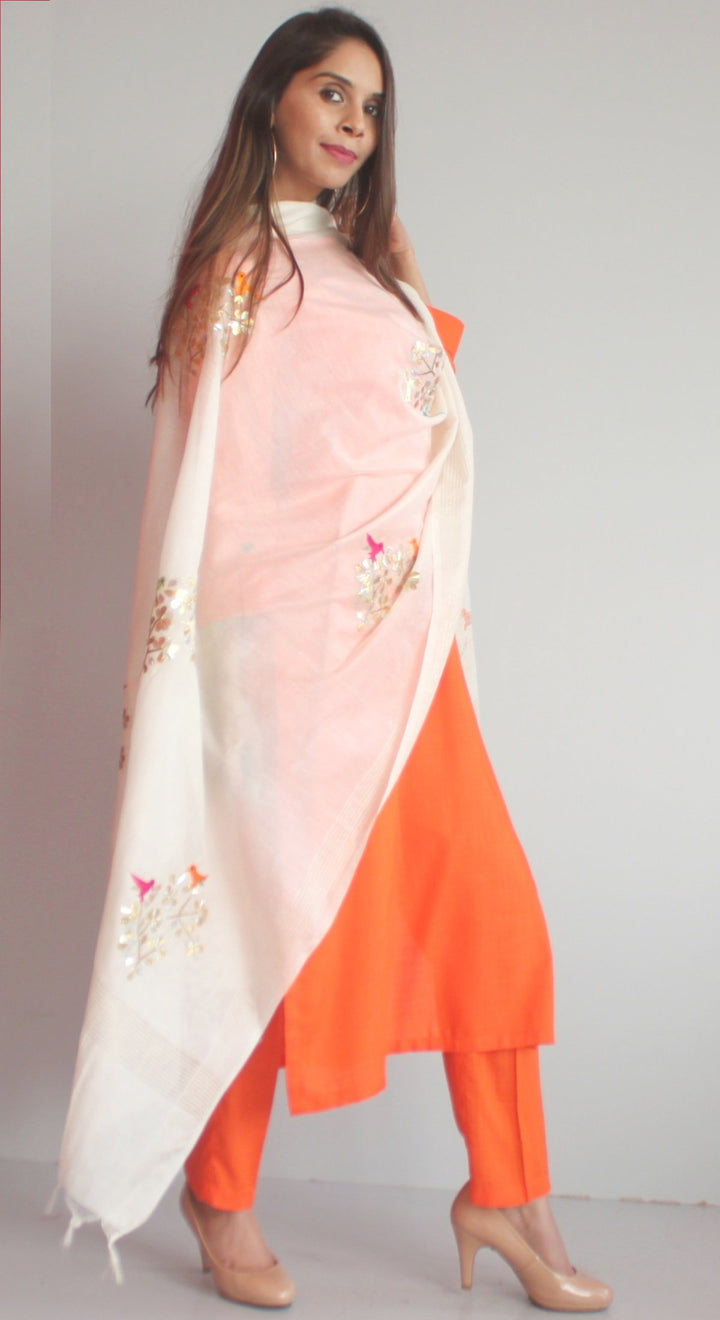 anokherang Combos Freedom Orange Straight Kurti with Straight Pants and Off-white Birds Dupatta