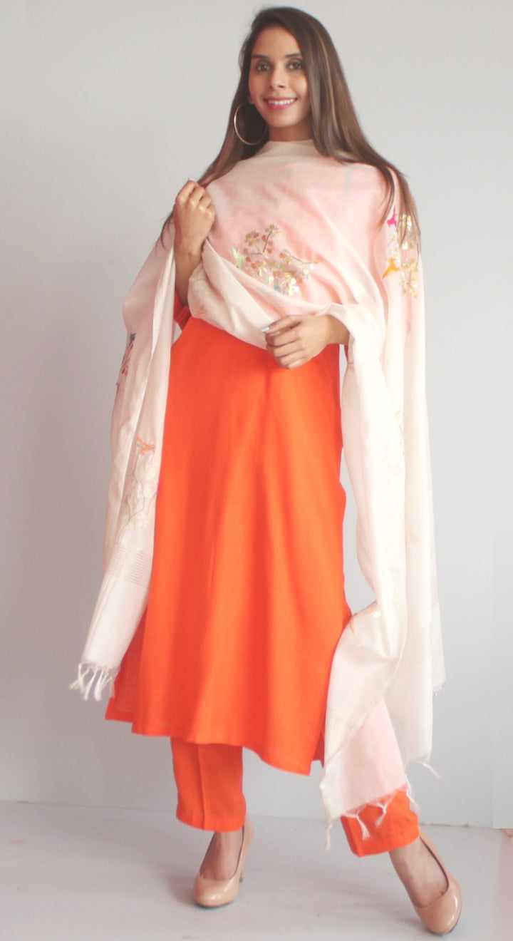 anokherang Combos Freedom Orange Straight Kurti with Straight Pants and Off-white Birds Dupatta