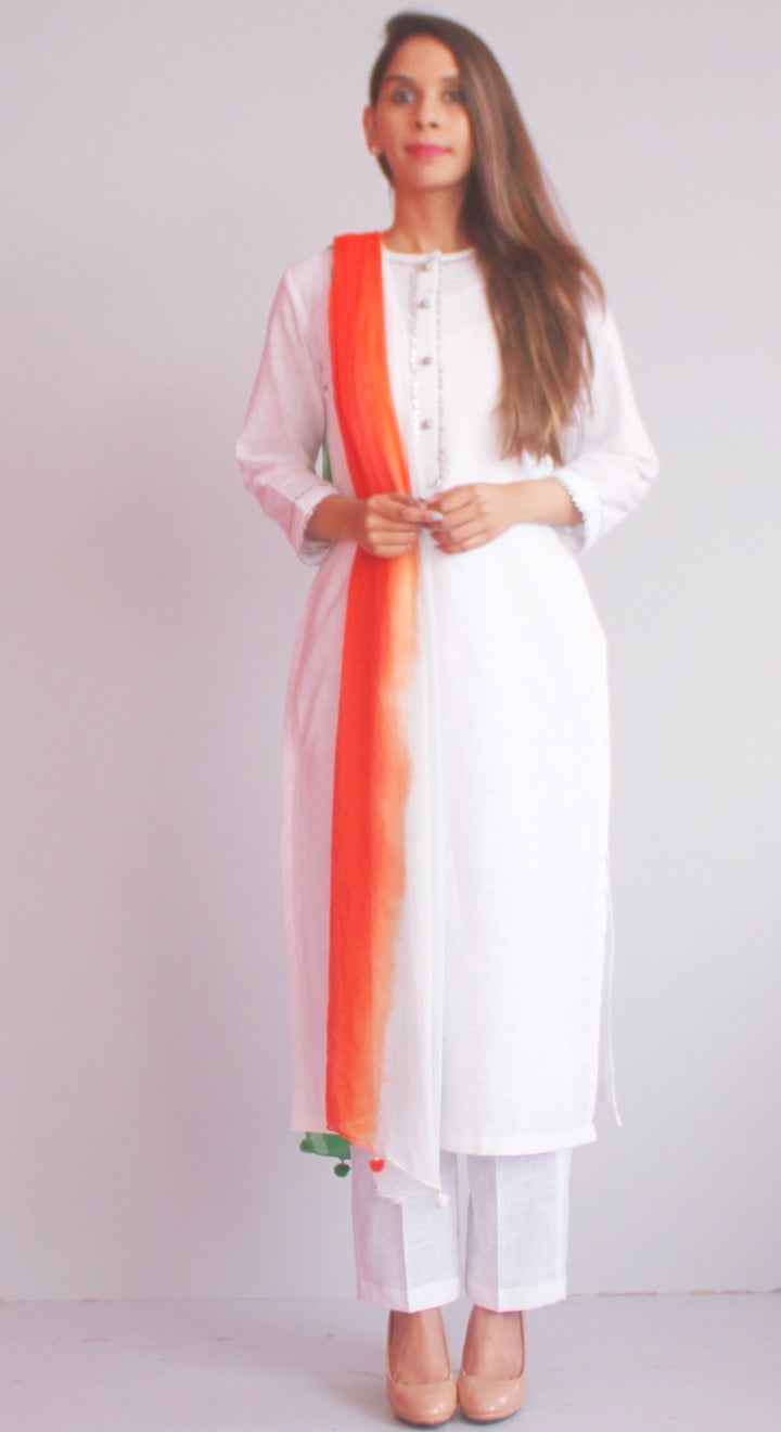 anokherang Combos Freedom White Gotta Kurti with Straight Pants and Tricolor Chiffon Dupatta