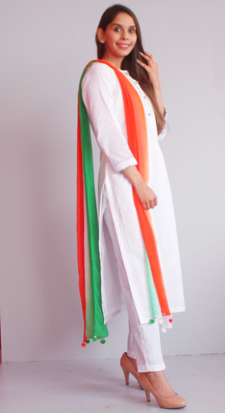 anokherang Combos Freedom White Gotta Kurti with Straight Pants and Tricolor Chiffon Dupatta