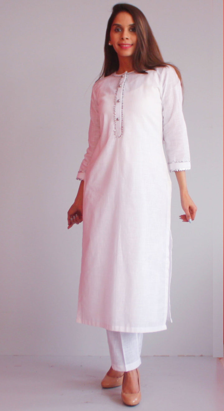 anokherang Combos Freedom White Gotta Kurti with Straight Pants and Tricolor Chiffon Dupatta