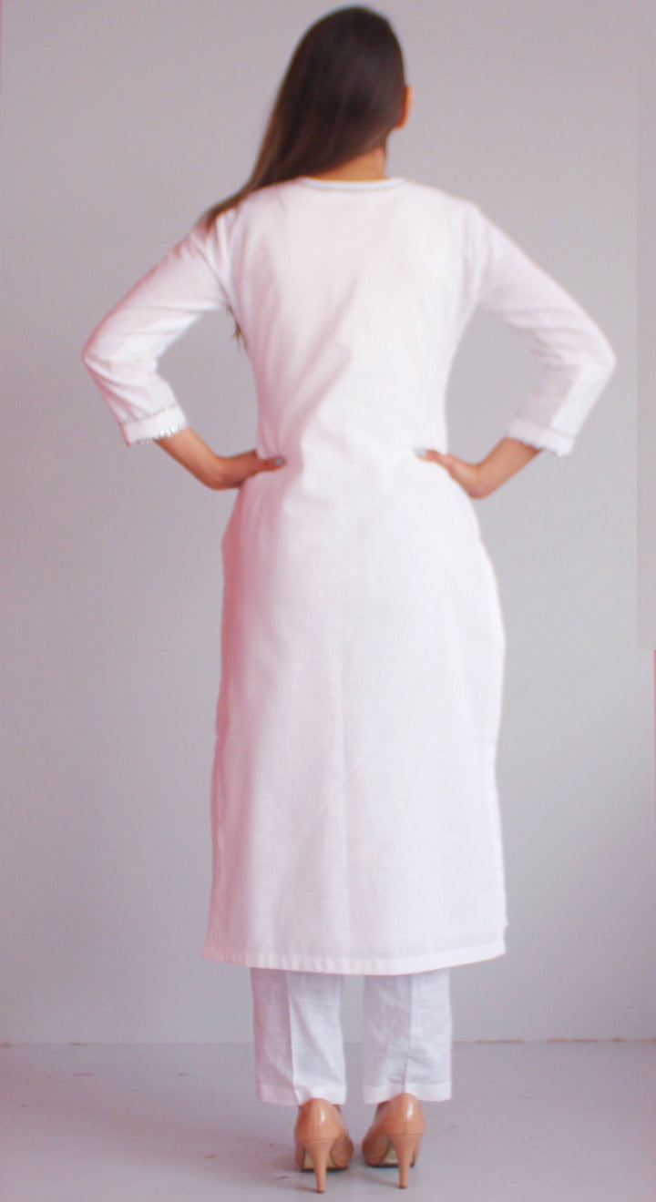 anokherang Combos Freedom White Gotta Kurti with Straight Pants and Tricolor Chiffon Dupatta