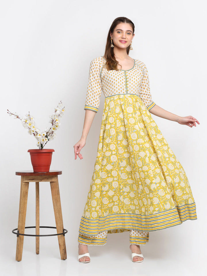 anokherang Combos Fresh Yellow Floral Anarkali with Palazzo