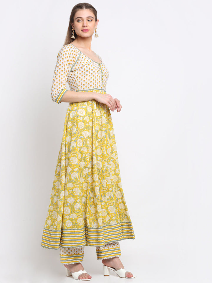 anokherang Combos Fresh Yellow Floral Anarkali with Palazzo