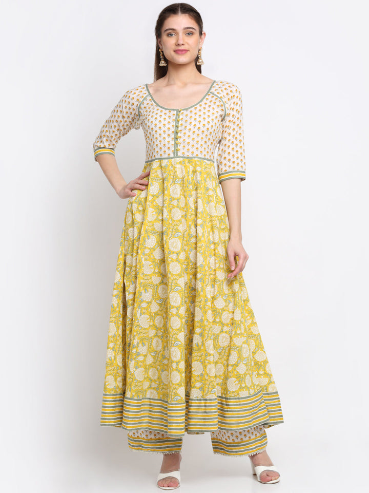 anokherang Combos Fresh Yellow Floral Anarkali with Palazzo