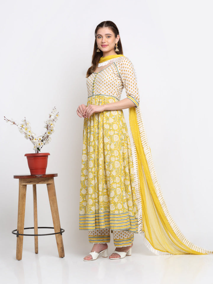 anokherang Combos Fresh Yellow Floral Anarkali with Palazzo and Chiffon Dupatta