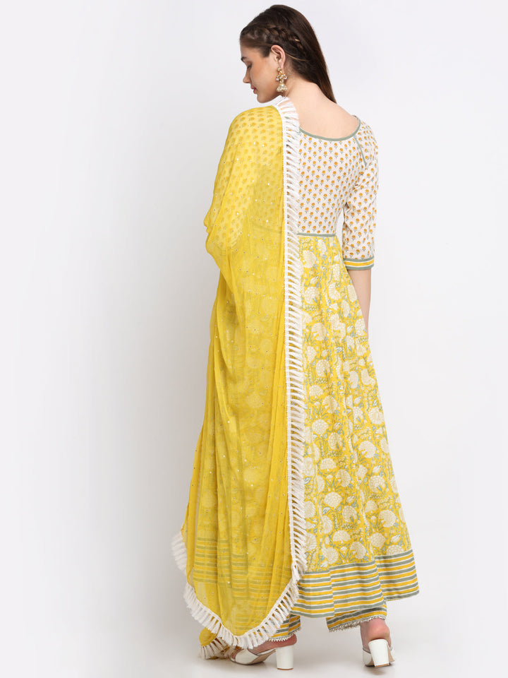 anokherang Combos Fresh Yellow Floral Anarkali with Palazzo and Chiffon Dupatta