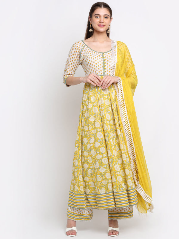 anokherang Combos Fresh Yellow Floral Anarkali with Palazzo and Chiffon Dupatta