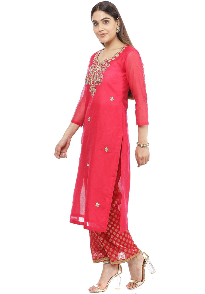 anokherang Combos Fuchsia Pink Gota Patti Embroidered Kurti with Straight Banarsi Palazzo