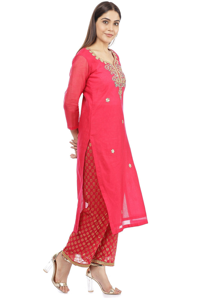 anokherang Combos Fuchsia Pink Gota Patti Embroidered Kurti with Straight Banarsi Palazzo