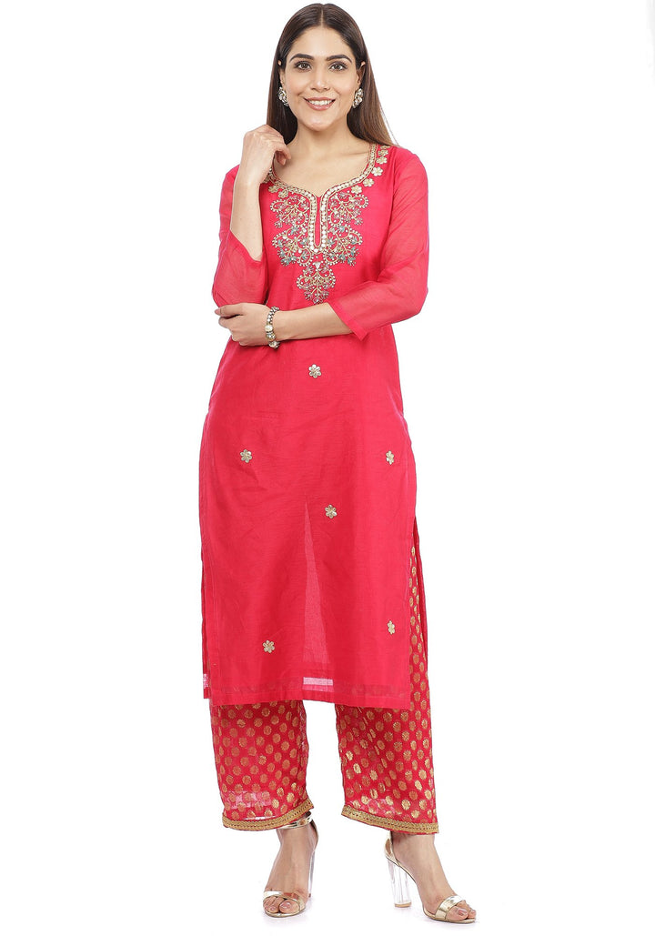 anokherang Combos Fuchsia Pink Gota Patti Embroidered Kurti with Straight Banarsi Palazzo