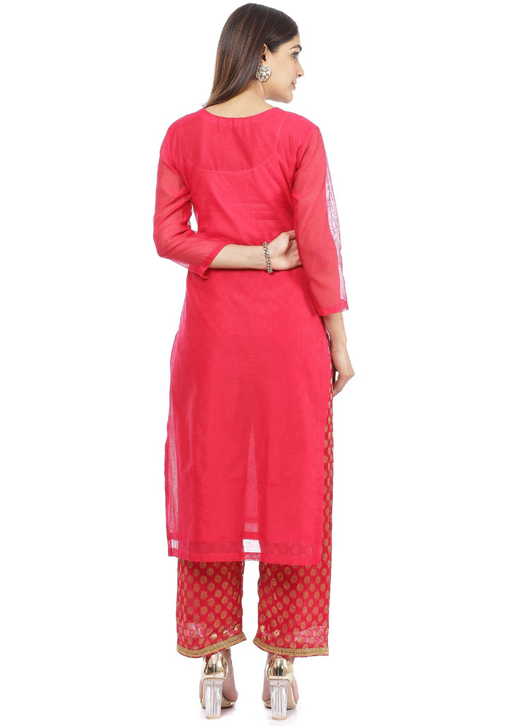 anokherang Combos Fuchsia Pink Gota Patti Embroidered Kurti with Straight Banarsi Palazzo