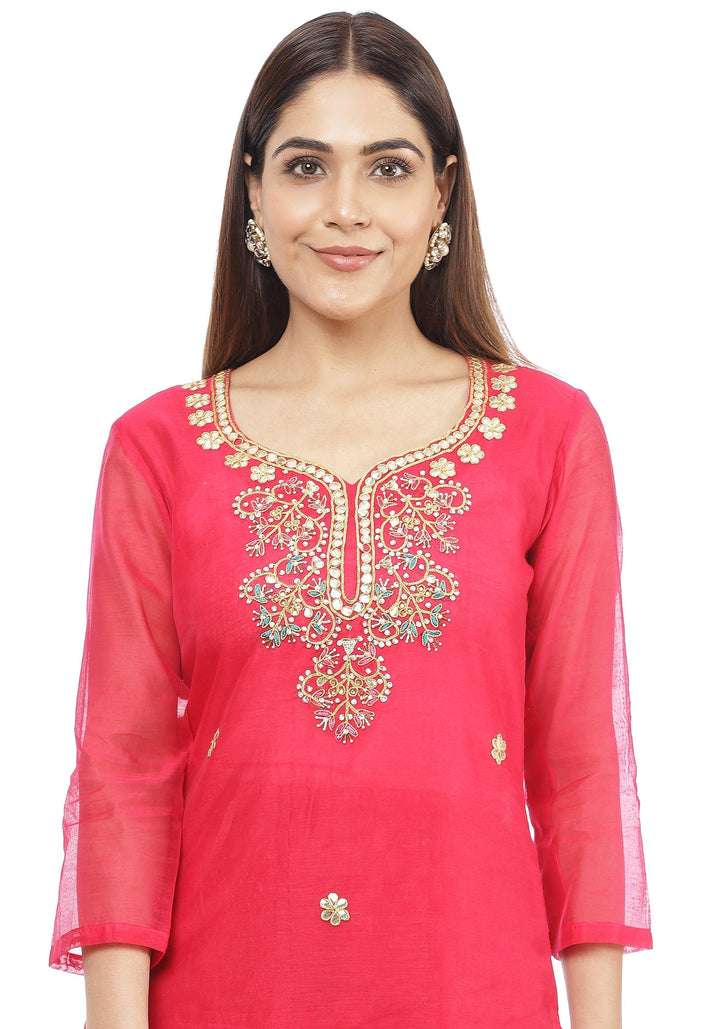 anokherang Combos Fuchsia Pink Gota Patti Embroidered Kurti with Straight Banarsi Palazzo