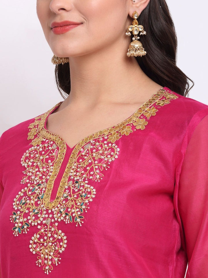 anokherang Combos Fuchsia Pink Gotta Patti Embroidered Kurti with Banarasi Palazzo and Net Dupatta