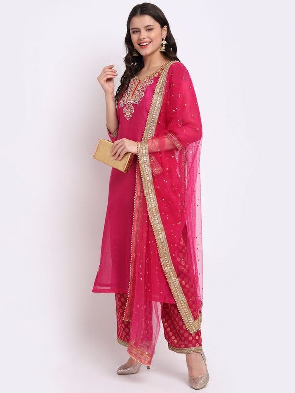 anokherang Combos Fuchsia Pink Gotta Patti Embroidered Kurti with Banarasi Palazzo and Net Dupatta