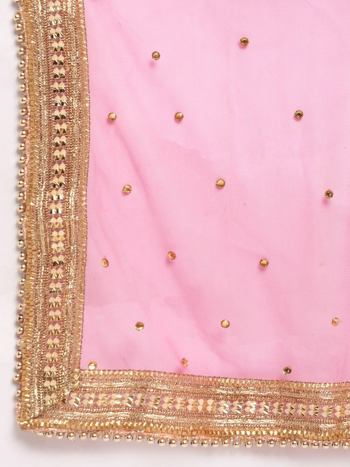 anokherang Combos Fuchsia Pink Gotta Patti Embroidered Kurti with Banarasi Palazzo and Net Dupatta