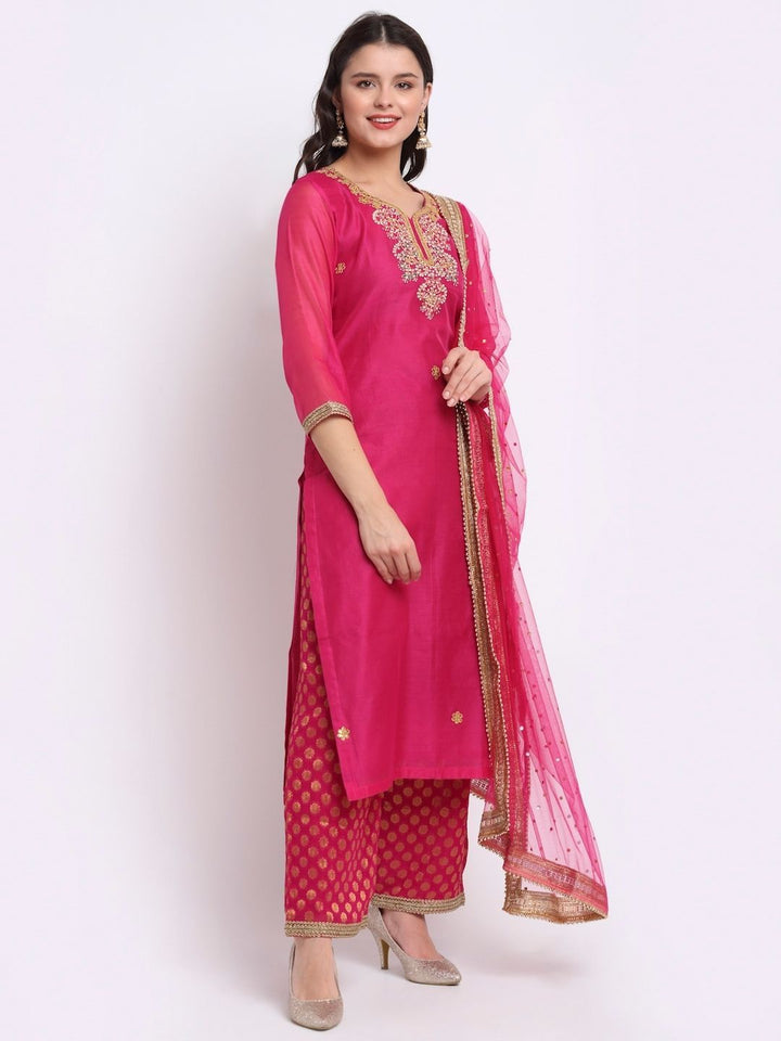 anokherang Combos Fuchsia Pink Gotta Patti Embroidered Kurti with Banarasi Palazzo and Net Dupatta