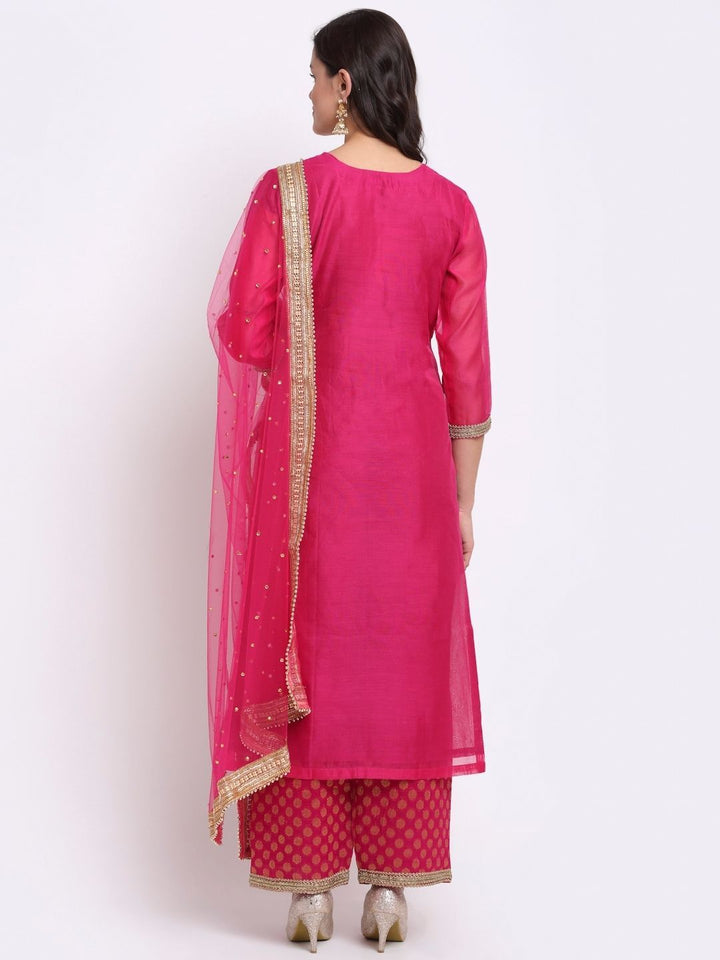 anokherang Combos Fuchsia Pink Gotta Patti Embroidered Kurti with Banarasi Palazzo and Net Dupatta