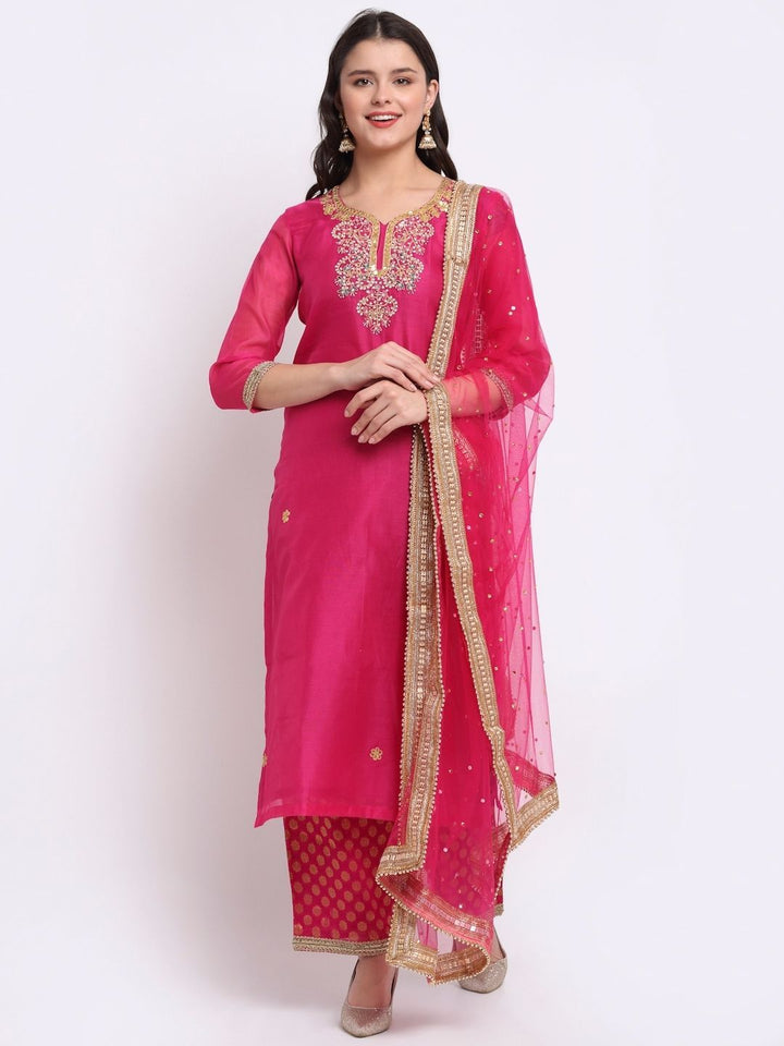anokherang Combos Fuchsia Pink Gotta Patti Embroidered Kurti with Banarasi Palazzo and Net Dupatta