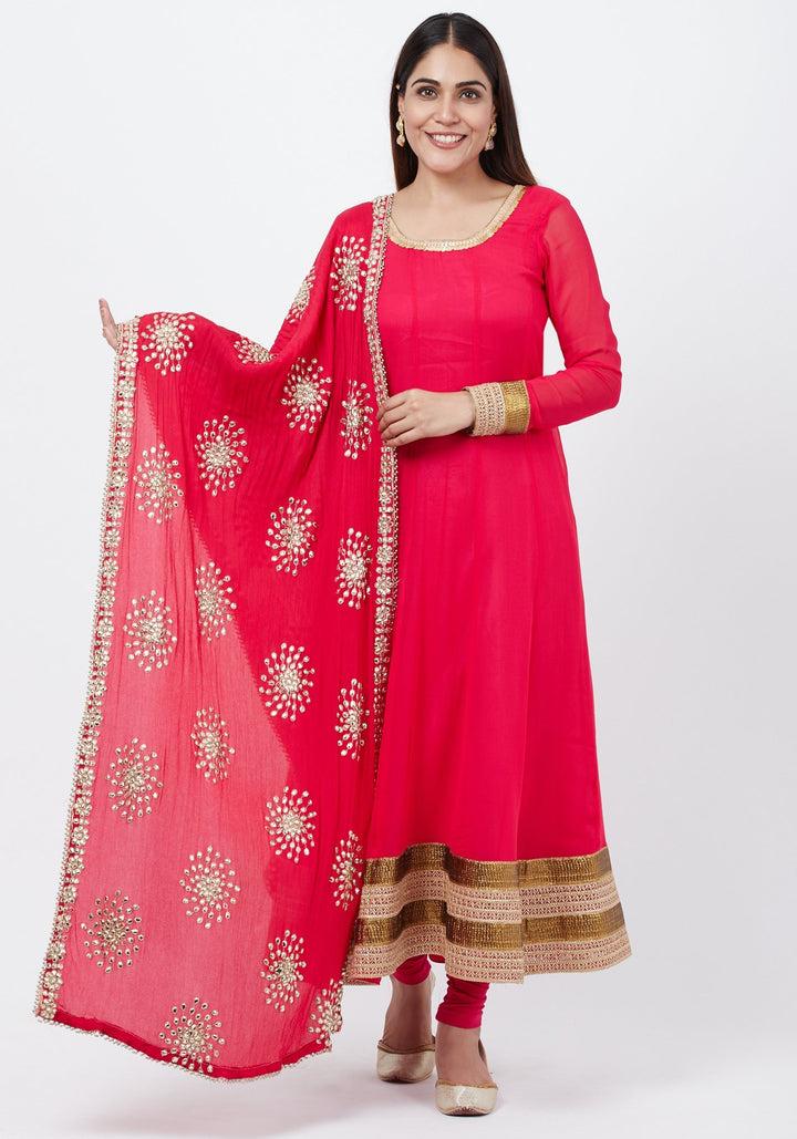 anokherang Combos Fuscia Pink Anarkali with Churidaar and Floral Gotta Patti Dupatta