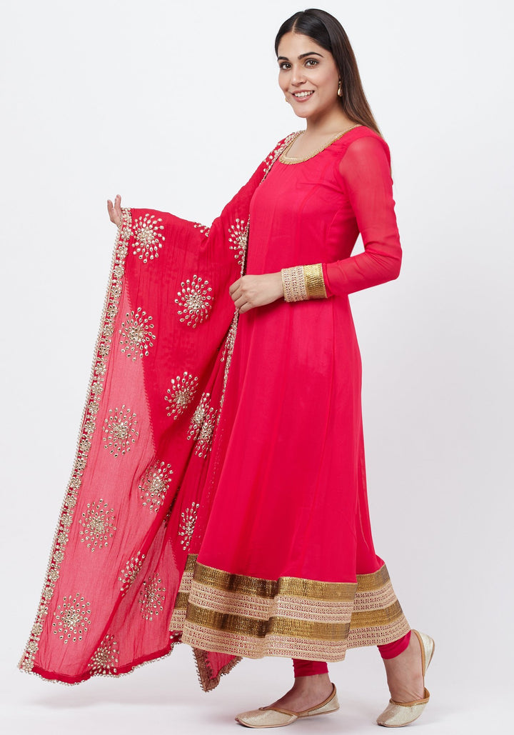 anokherang Combos Fuscia Pink Anarkali with Churidaar and Floral Gotta Patti Dupatta