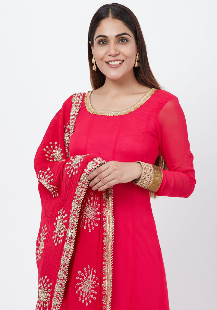 anokherang Combos Fuscia Pink Anarkali with Churidaar and Floral Gotta Patti Dupatta