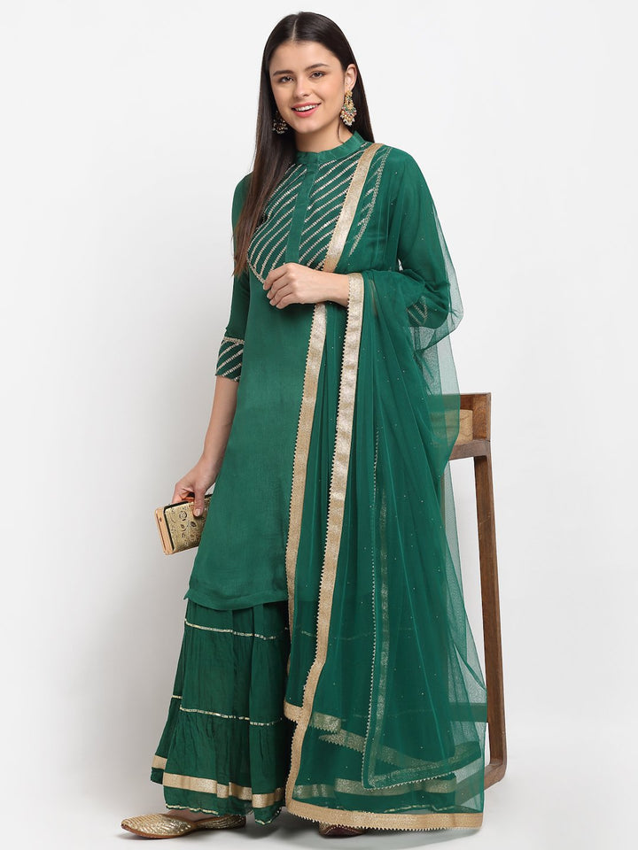 anokherang Combos Glam Green Sequined Yoke Short Kurti with Sharara and Net Mokaish Dupatta