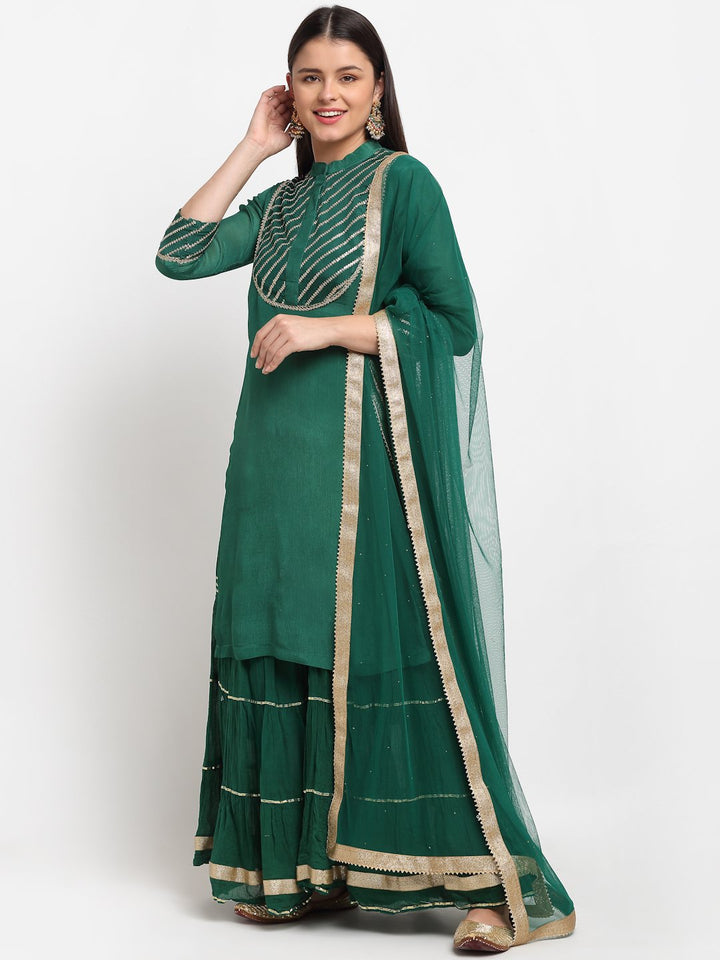 anokherang Combos Glam Green Sequined Yoke Short Kurti with Sharara and Net Mokaish Dupatta