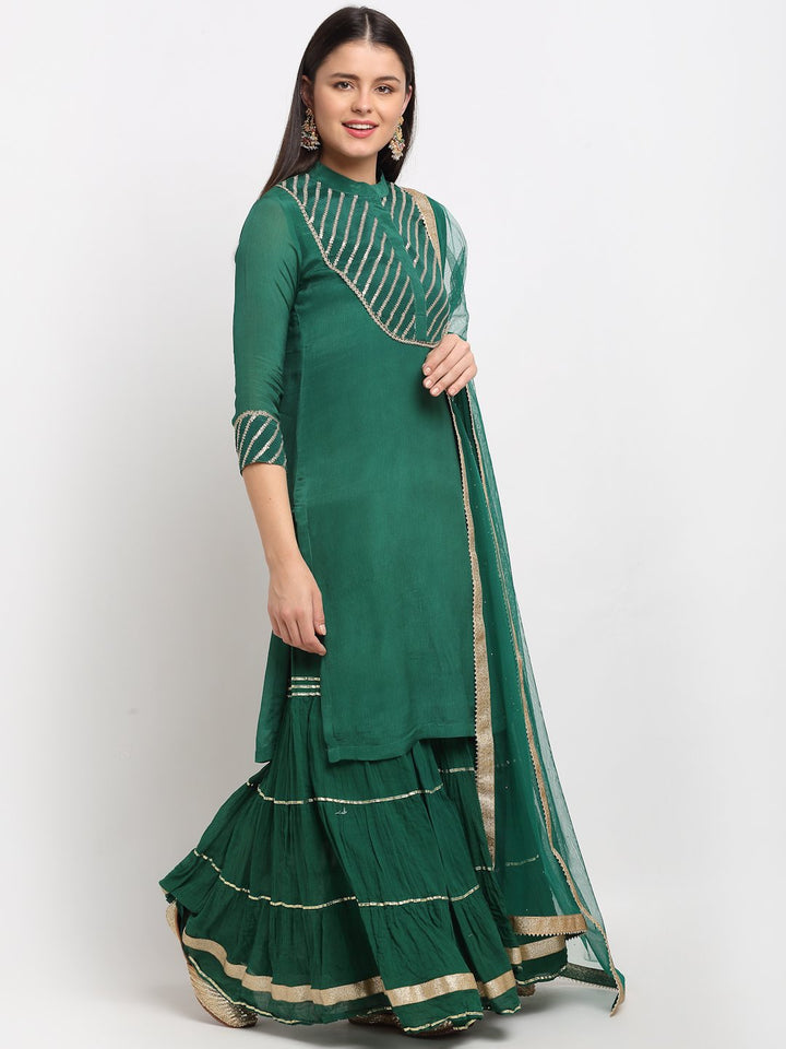 anokherang Combos Glam Green Sequined Yoke Short Kurti with Sharara and Net Mokaish Dupatta