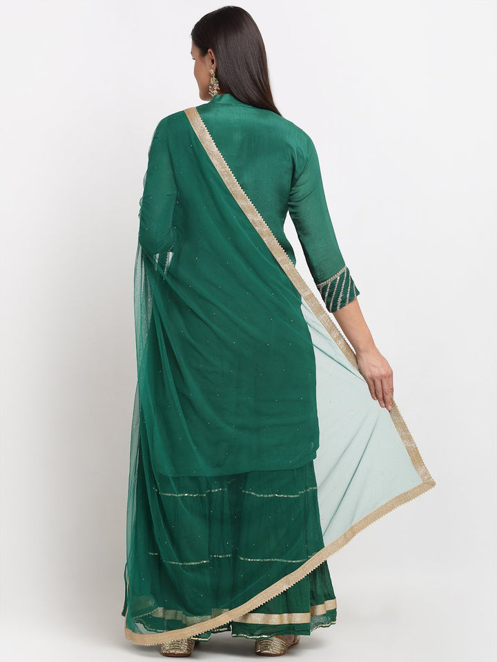 anokherang Combos Glam Green Sequined Yoke Short Kurti with Sharara and Net Mokaish Dupatta