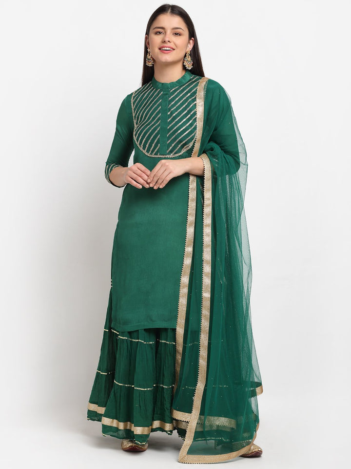 anokherang Combos Glam Green Sequined Yoke Short Kurti with Sharara and Net Mokaish Dupatta
