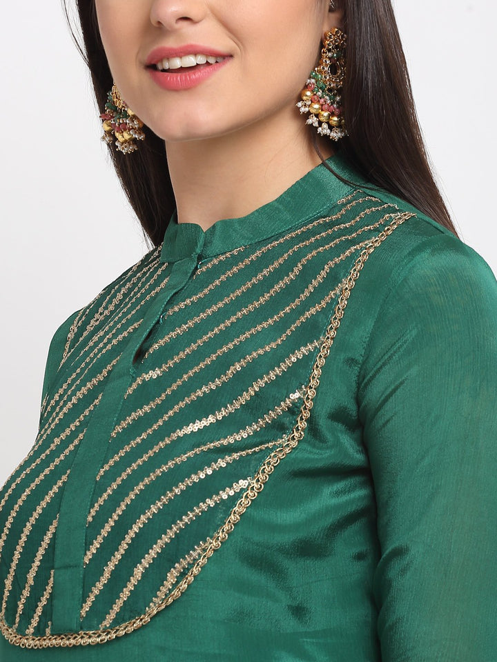 anokherang Combos Glam Green Sequined Yoke Short Kurti with Sharara and Net Mokaish Dupatta