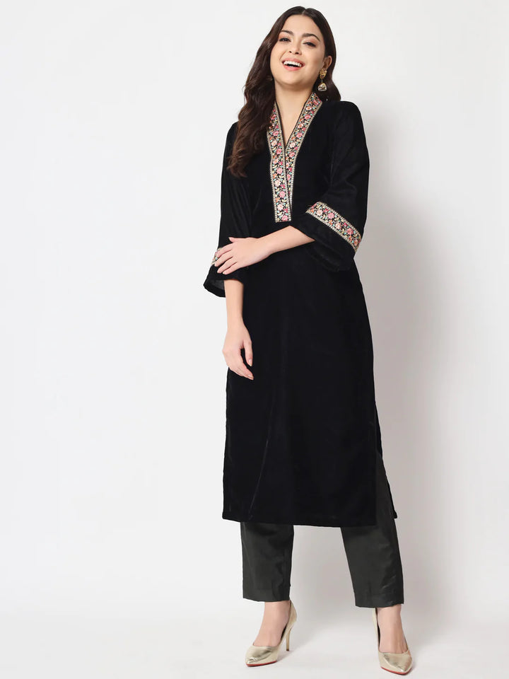 anokherang Combos Glamour Black Shawl Collar Kurti with Straight Pants