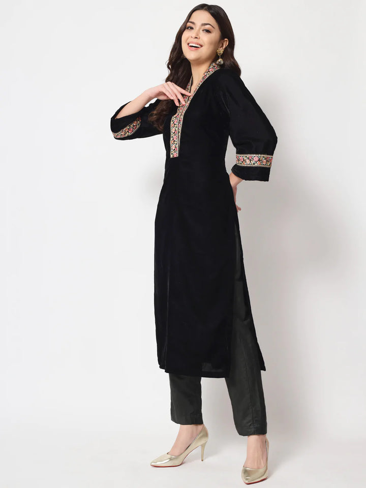 anokherang Combos Glamour Black Shawl Collar Kurti with Straight Pants