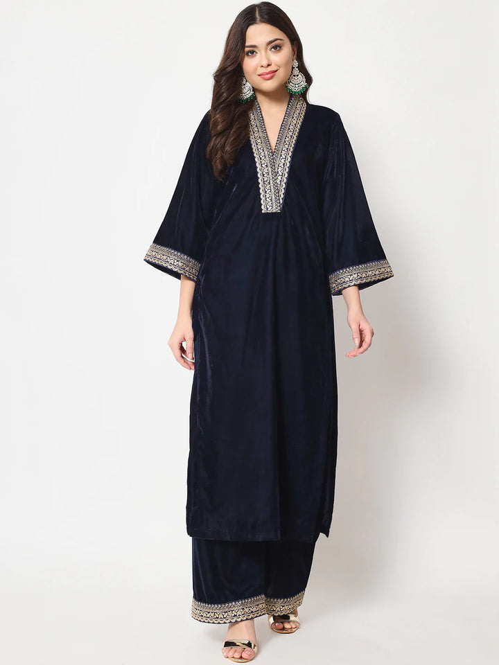 anokherang Combos Glamour Blue Shawl Collar Kurti with Straight Pants